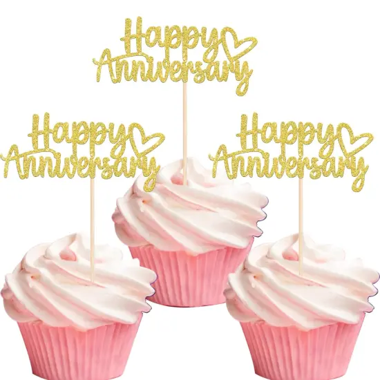 24 PCS Happy Anniversary Cupcake Toppers - Gold {1}