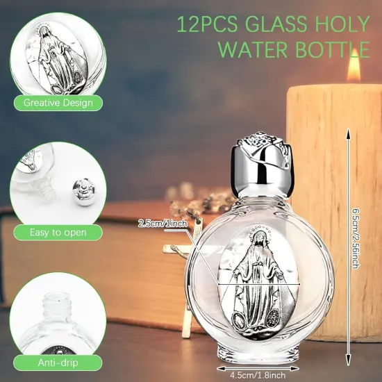 12 Pcs Glass Holy Water Bottles - 0.5 Fl oz (Silver, Divine Mercy) {3}
