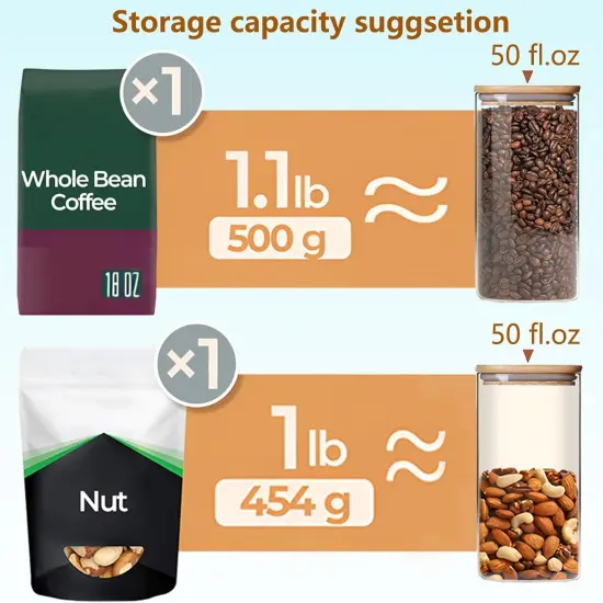 50oz Square Glass Storage Containers with Lids, Clear Food Storage Container Jar with Sealing Bamboo Lid for Noodles Flour Cereal Rice Sugar Tea Coffee Beans,Square Set of 3 {3}