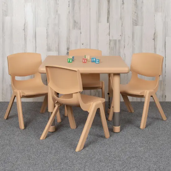 Emma and Oliver 24" Square Plastic Height Adjustable Activity Table Set with 4 Chairs Natural {1}