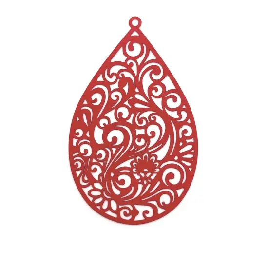 Large Red Filigree Teardrop Pendants, 55x34mm {1}