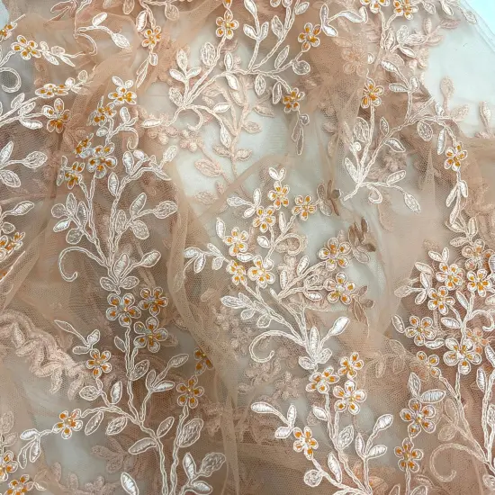 1 Yard Beaded Corded Bridal Lace Fabric Embroidered Mesh Peach 52" Width Lime Green {5}