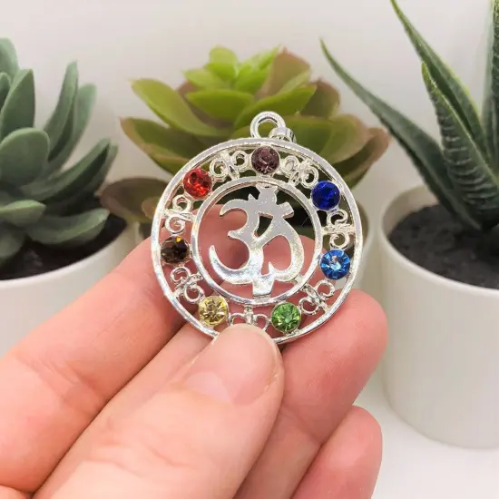 Silver Om Pendant with Chakra Rhinestones, 48x35mm {2}