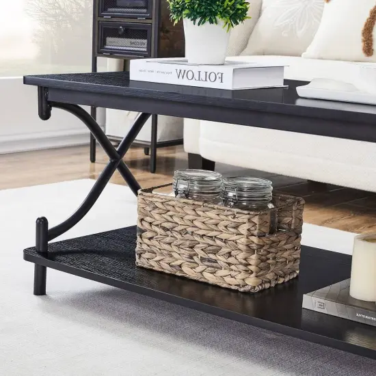 39-Inch Modern Rectangular Coffee Table with Metal Frame and Storage Shelf for Living Room Black {4}
