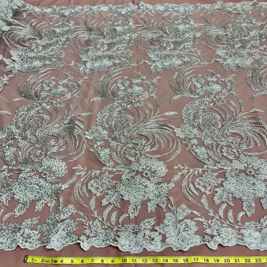 1 Yard Luxurious Corded and Sequined Bridal Lace Fabric Embroidered on 100% Polyester Net Mesh 54" Width Silver {1}