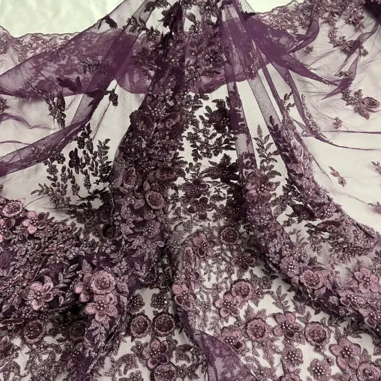 1 Yard Beaded 3D Floral Lace Fabric Embroidered on 100% Polyester Net Mesh, Plum, 54" Width, Elegant Fabric for Dresses & Crafts {3}