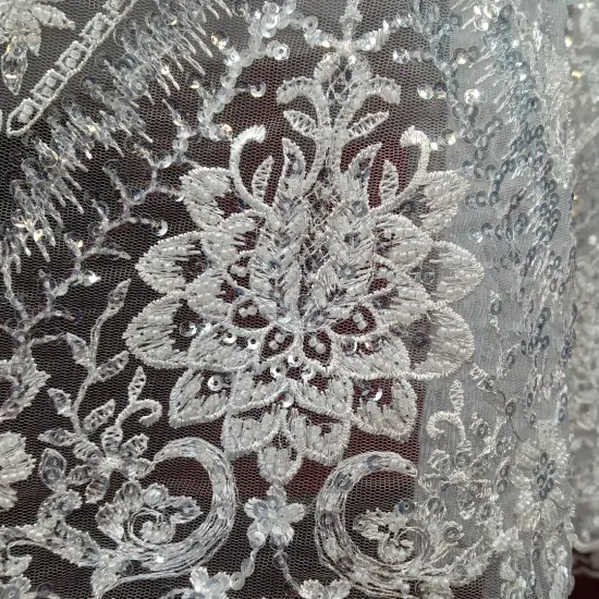 1 Yard Gold Beaded & Sequined Embroidered Lace Fabric on 100% Polyester Mesh, 52" Width Ivory {5}