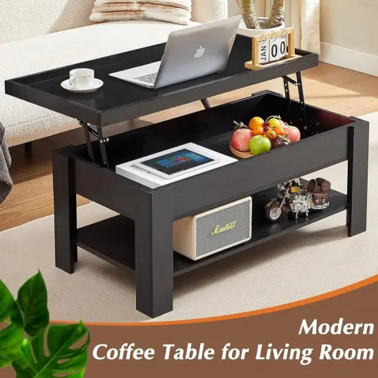 Modern Adjustable Lift Top Coffee Table with Hidden Storage Shelf for Living Room and Office Black {5}