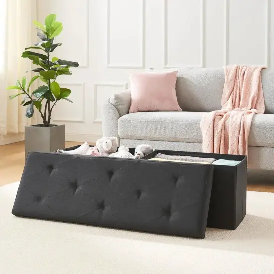Rectangular Linen Storage Bench Ottoman for Bedroom Living Room and Hallway Organization Black {4}