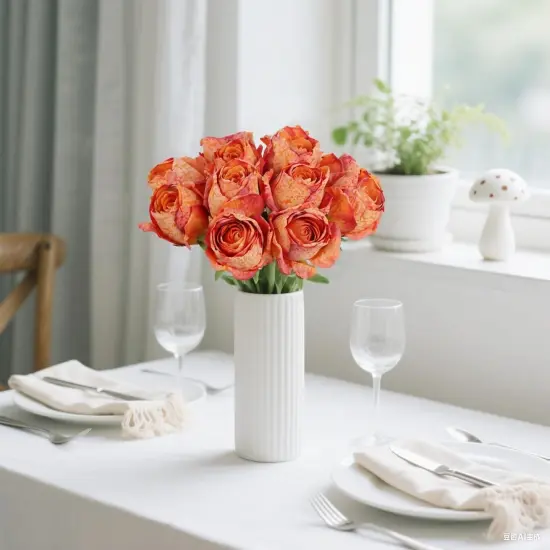Artificial Rose Silk Flowers 2 Bouquets Vintage Roses 12pcs Orange Fake Rose with Single Long Stems Faux Flower for Home Table {4}