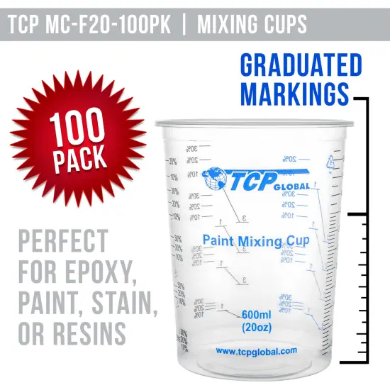 TCP Global 20 Ounce (600ml) Disposable Flexible Clear Graduated Plastic Mixing Cups - Box of 100 Cups & 50 Mixing Sticks - Use for Paint, Resin Epoxy {2}