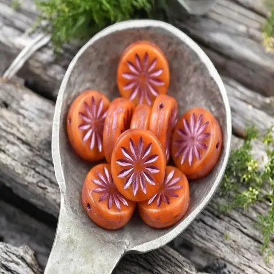 *15* 12mm Pink Washed Orange Opaline Aster Flower Coin Beads {3}