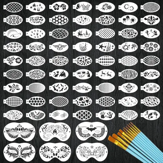 69 Pcs Facial Painting Stencils & 10 Pcs Painting Brushes(Plastic) {1}
