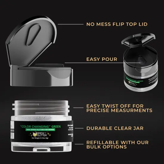 Brew Glitter - Green Color Changing Edible Drink Glitter (4g, x1 Flip-Cap Jar) for Beer, Cocktails and Beverages {5}