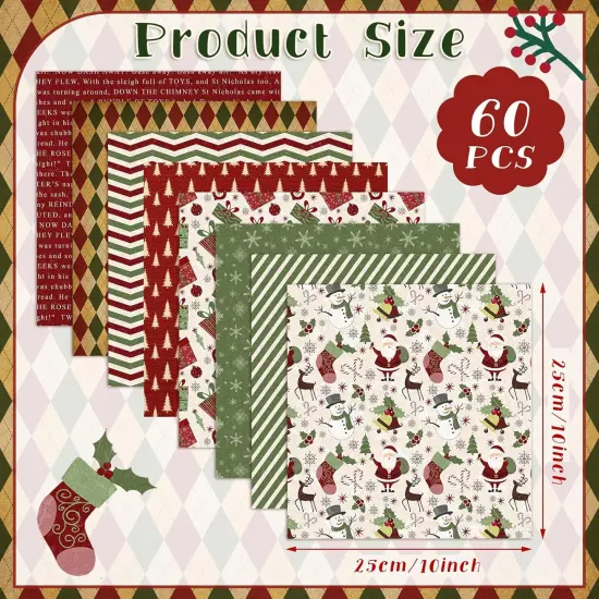 60 Pcs Christmas Vintage Stripe Quilting Fabrics - 10 x 10 Inch {2}