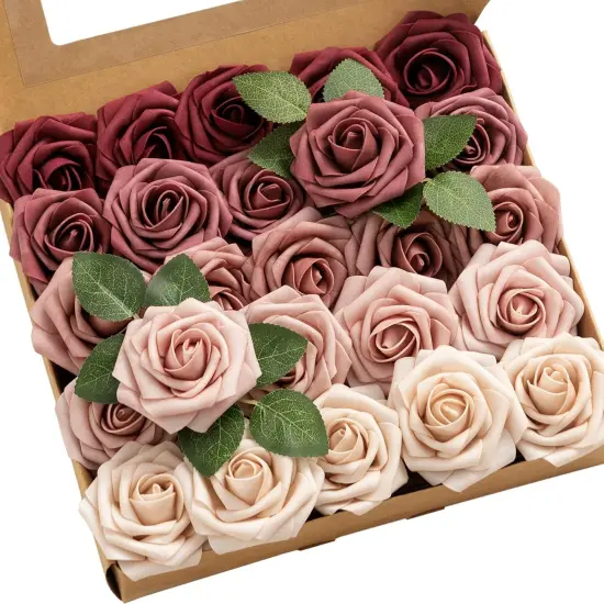 25Pcs Artificial Flowers Roses in Burgundy Mauve Shades Bouquets {1}