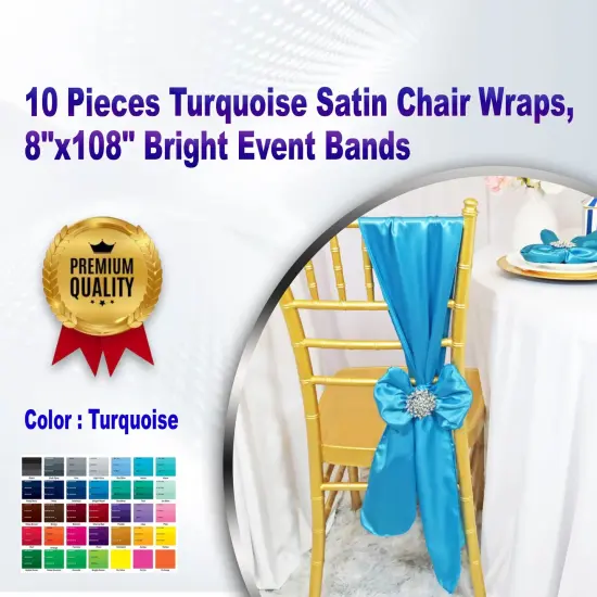 10 Pieces Turquoise Satin Chair Wraps, 8"x108" Bright Event Bands {1}
