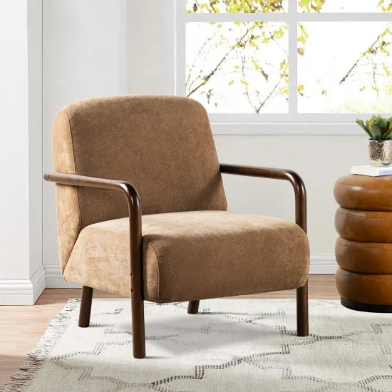 Mid-Century Modern Brown Fabric Thick Armchair with Walnut Rubberwood Frame {7}
