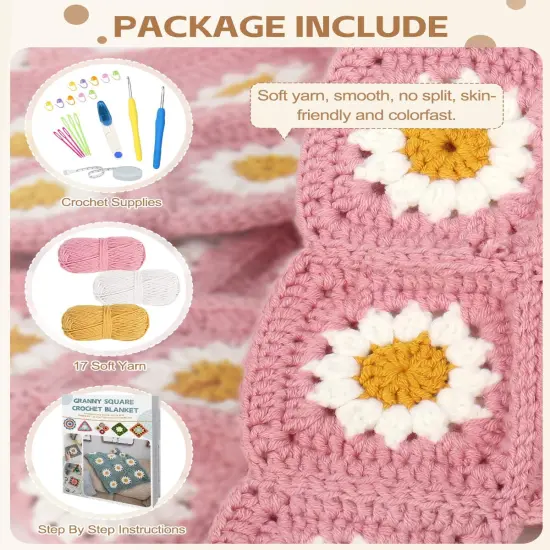 Granny Square Crochet Blanket Kit - Pink {4}