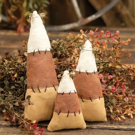 Primitive Candy Corn Fabric Ornaments Set of 3 with String Hangers and Grungy Bell Accents {2}