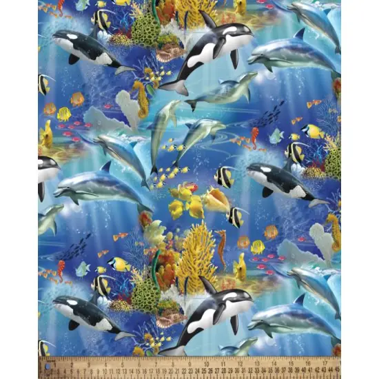Fish Dolphins Whales Marine Life Digital Cotton Print Fabric | By the Yard | Sewing and Crafting | 44 inches wide {2}
