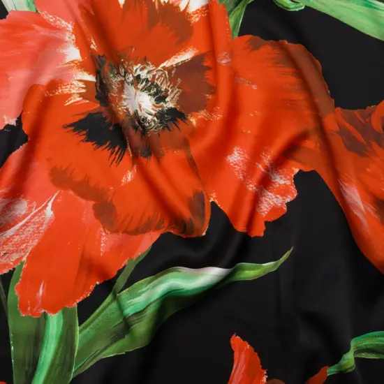 1 Yard Charmeuse Fabric Scarlet Red Green Painted Tulip Garden Silk 53 inch Width {1}