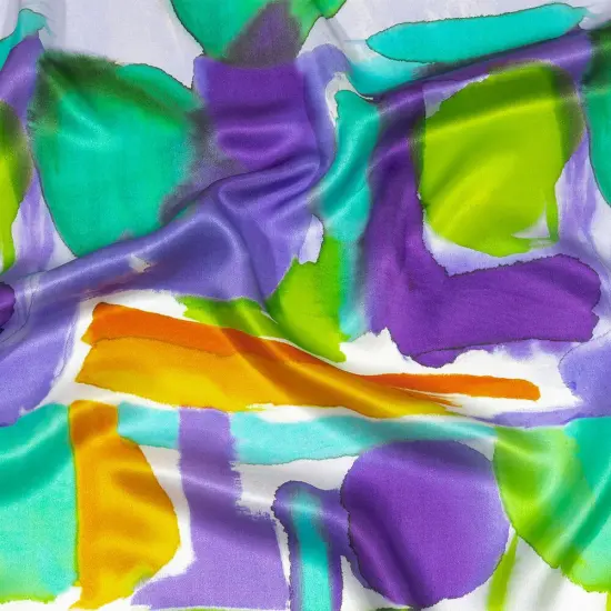 1 Yard Silk Charmeuse Watercolor Block Print Italian Made Green, Purple & Orange 52 Inches Wide {1}