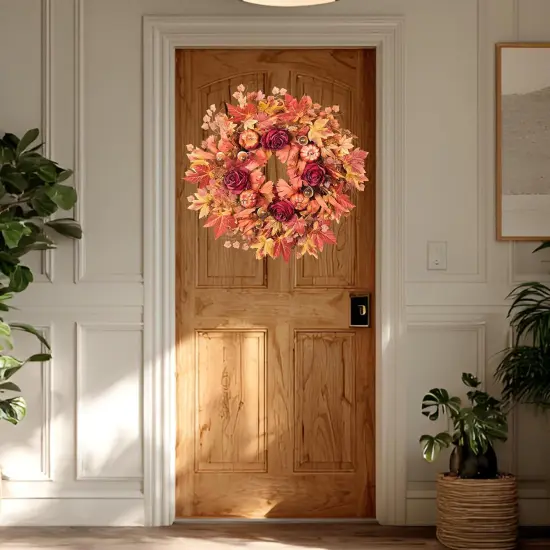 Farmhouse Wreath with Maple Leaves, Pumpkins, Roses {4}