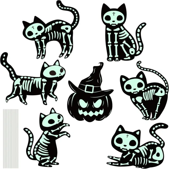 7 Pack Glow in The Dark Pumpkin and Skeleton Black Cat Yard Signs {2}