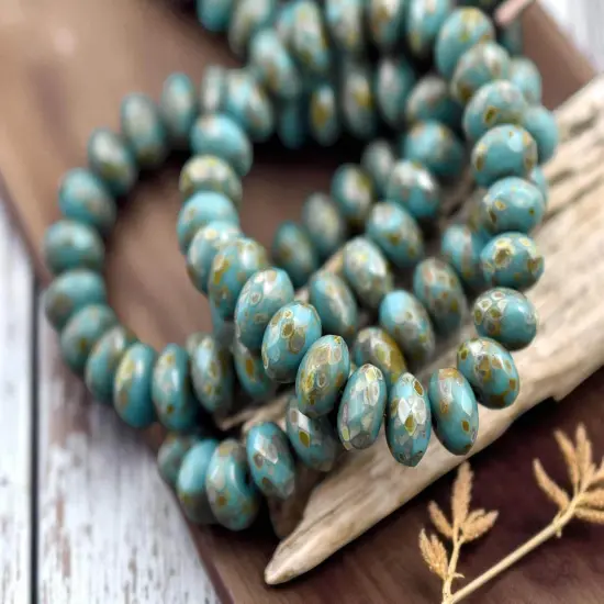 *25* 6x8mm Teal Turquoise Picasso Fire Polished Rondelle Beads {2}