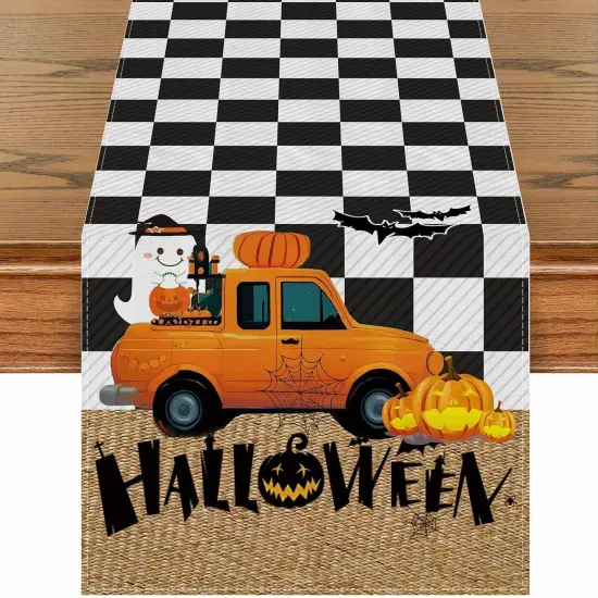 13x72 Inch Long Linen Fall Cute Plaid Bat Pumpkin Table Runner {1}