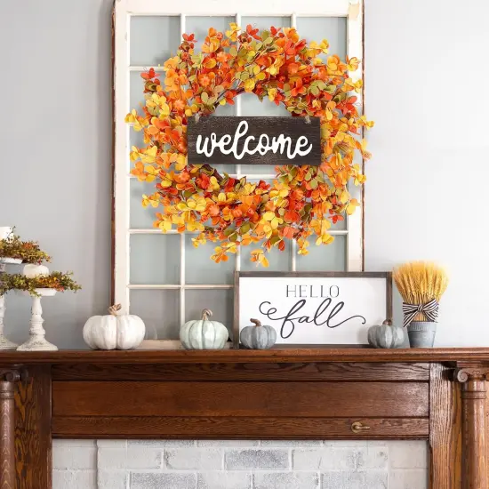 Fall Wreath - Autumn Front Door Wreath with Small Pumpkin, Berry, Round Leaves {3}