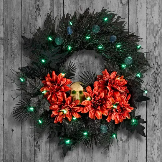 Artificial Boo-Tiful Halloween Wreath - 30 Green LED Lights {2}