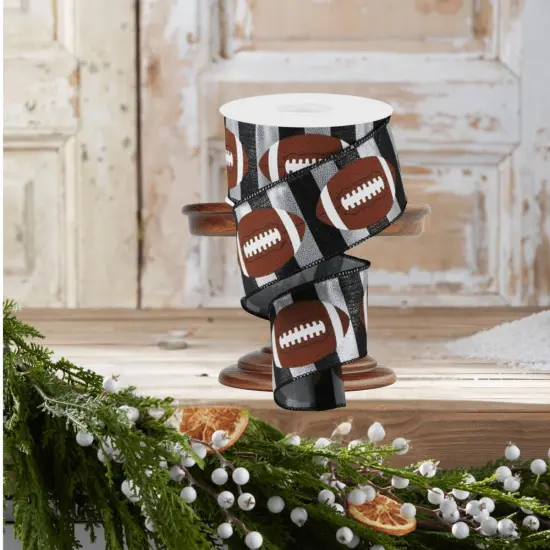 2.5" Footballs On Stripe Ribbon: Black & Silver (10 Yards) {4}