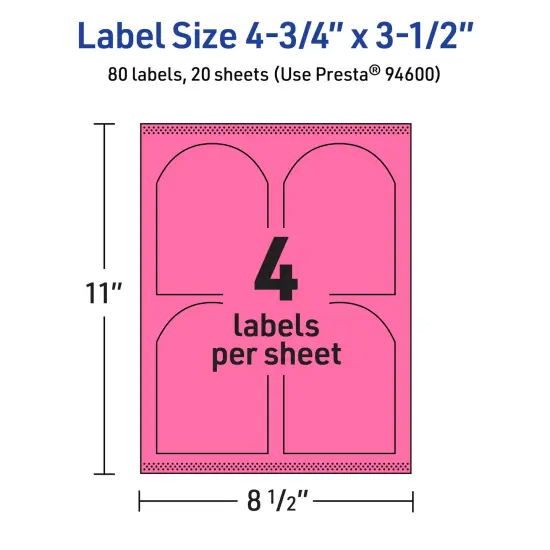 Avery Bright Pink Paper Labels, 4.75" x 3.5" Arched {5}