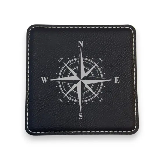 Coaster - Compass Rose - SET OF 2 - Leather or Stitched Cork Dark Brown/Black {3}