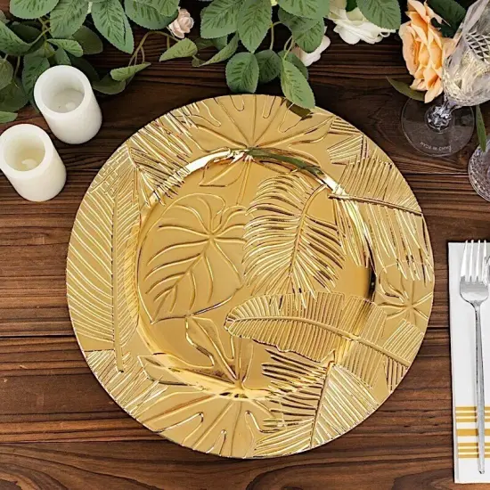 6 Metallic Gold 13" Round Acrylic CHARGER PLATES Embossed Tropical Leaves Party {4}