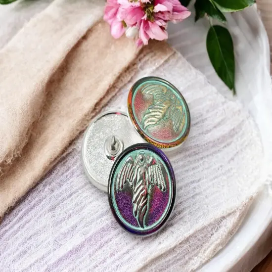 27mm Round Guardian Angel Button - Antiqued Crystal with Platinum, Turquoise & Volcano Wash - Czech Glass Buttons {2}