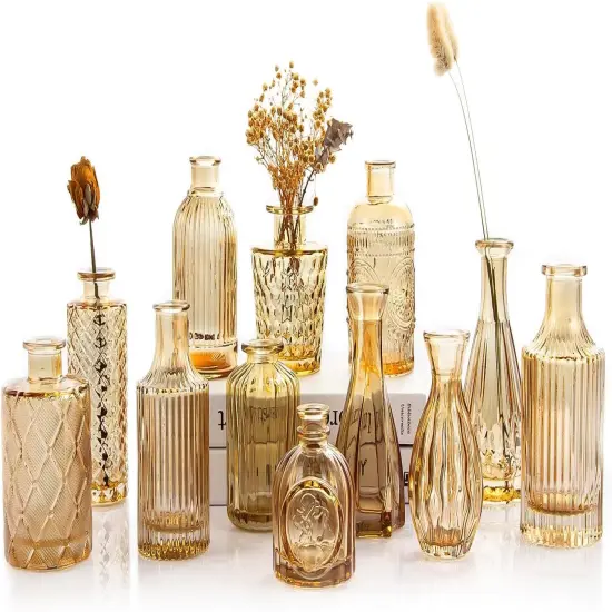 12pcs Glass Bud Vases Set - Mini Vintage Vases for Flowers Gold amber {1}