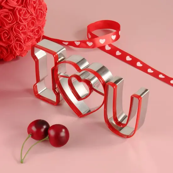 Valentine's Cookie Cutter Set 3 Heart & "I Love U" Shapes Cookie Cutters Stainless Steel Silver {6}