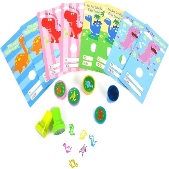 Tiny Mills 36 PACK Dinosaurs Valentine's Day Cards with Stampers for Valentine's Day Classroom Exchange Birthday Party Favor Prizes {3}