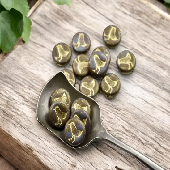 *15* 12mm Gold Washed Blended Brown/Blue Metallic Satin Patina Bird Coin Beads {2}