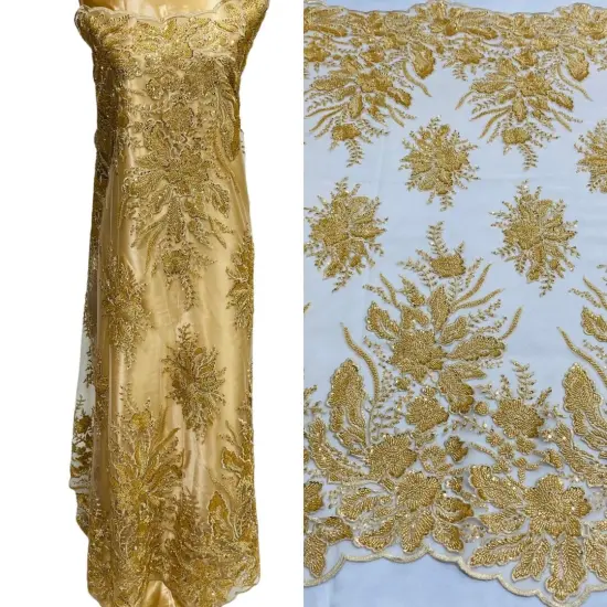 1 Yard Beaded Lace Fabric Embroidered on 100% Polyester Net Mesh, Blush, 48" Width Gold {1}