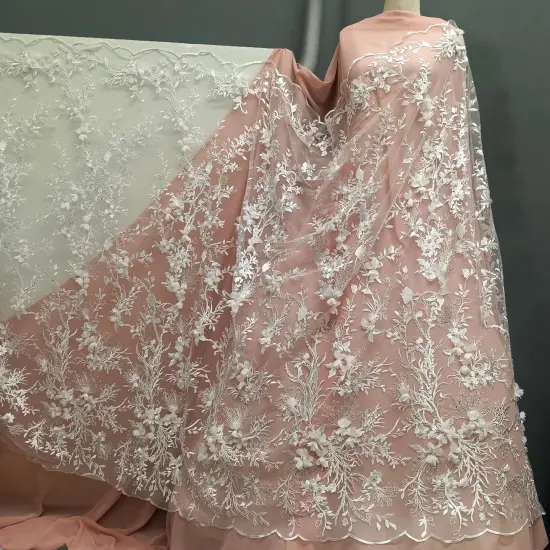 1 Yard White Elegant Beaded and Rhinestone 3D Floral Lace Fabric Embroidered on 100% Polyester Net Mesh 52 inch Width {2}