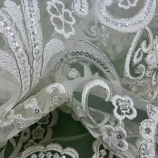 1 Yard Elegant Beaded and Corded Bridal Lace Fabric Embroidered on Polyester Net Mesh 51" Width Ivory {3}