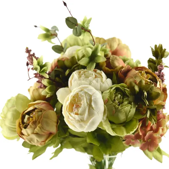 2 Bouquets Artificial Peonies Silk Flowers and Hydrangeas - Country Rustic (Beige, Green & Brown) {1}