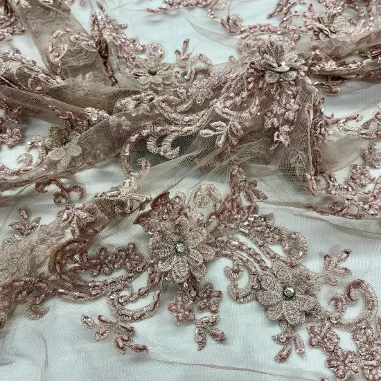 1 Yard Beaded 3D Floral Lace Fabric on 100% Polyester Net Mesh, Dusty Rose, 52" Wide, Elegant Embroidered Lace Fabric Lt. Gold {3}