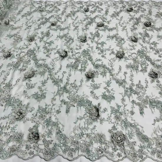 1 Yard Beaded Rhinestone 3D Floral Lace Fabric for Bridal Dresses Dance Costumes 50" Width Sage {1}