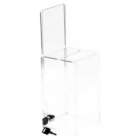 Plymor Clear Acrylic Locking Ballot / Collection Box With Sign Holder, 5" W x 5" D x 9" H (Holds 4.5" x 5" Sign) {1}