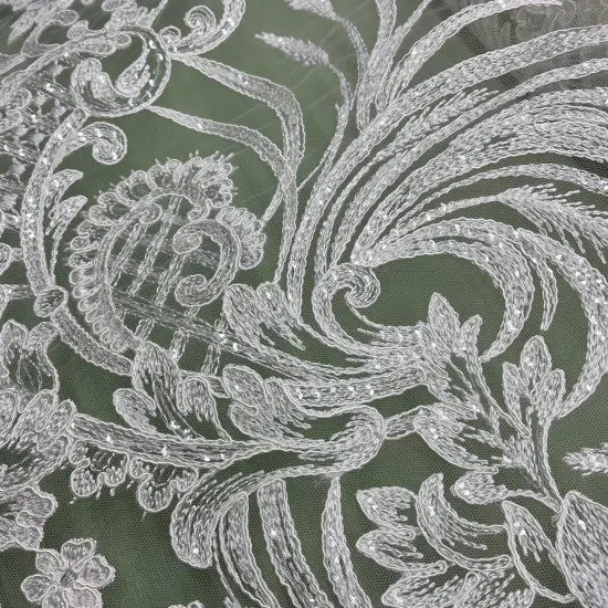 1 Yard Luxurious Corded and Sequined Bridal Lace Fabric Embroidered on 100% Polyester Net Mesh 54" Width Silver {4}